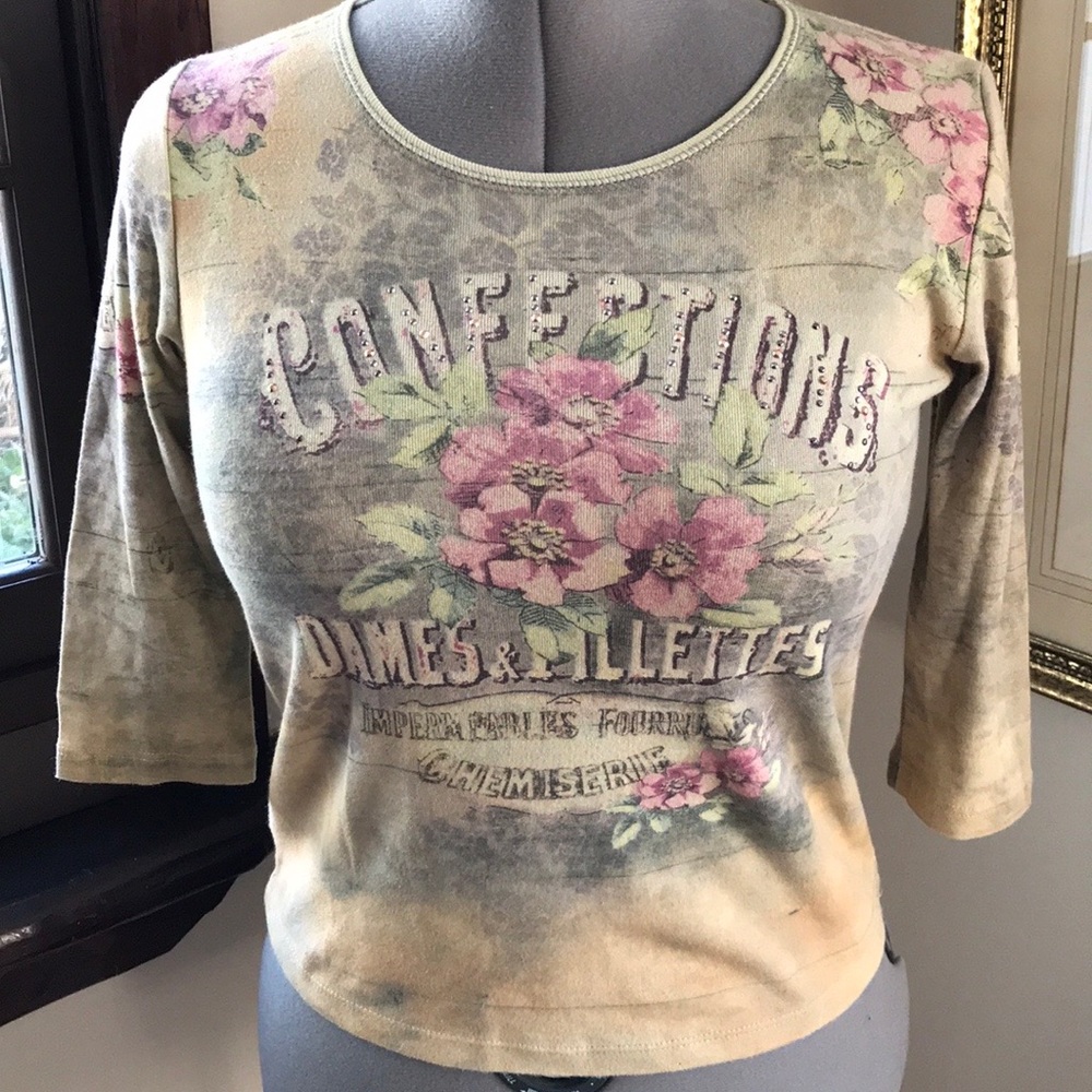 Embellished top w/3/4 sleeves floral & French